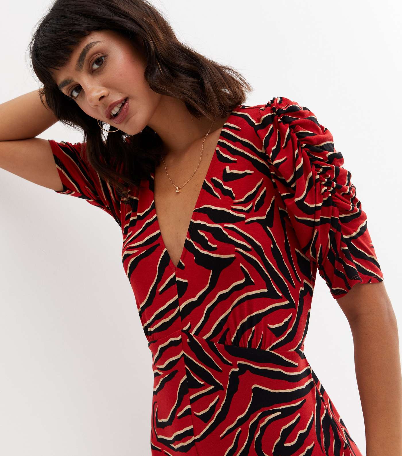 Red Tiger Print V Neck 1/2 Ruched Sleeve Midi Dress Image 3
