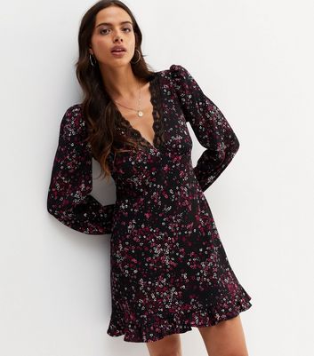 Black Ditsy Floral Lace Trim Long Sleeve Mini Dress