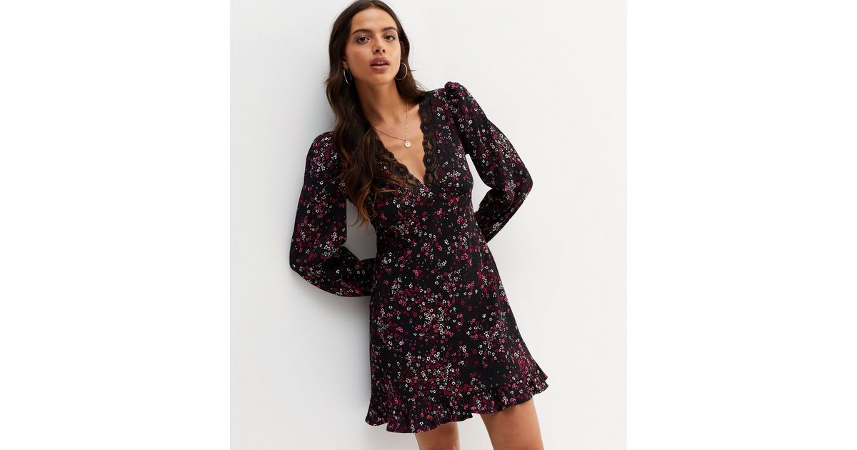 Black Ditsy Floral Lace Trim Long Sleeve Mini Dress | New Look