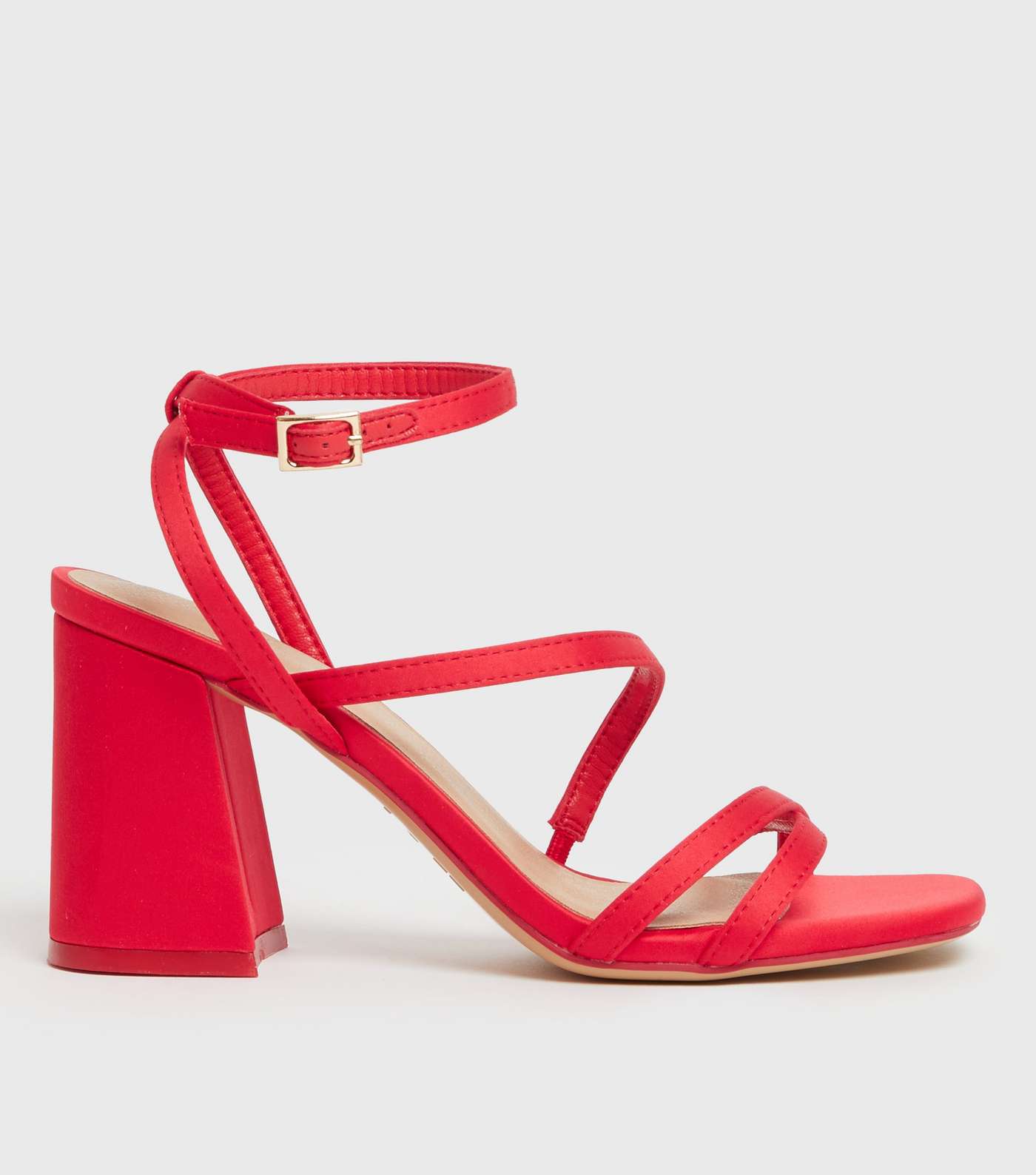 Red Satin Strappy Block Heel Sandals