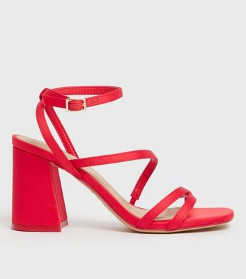 Red Satin Strappy Block Heel Sandals 