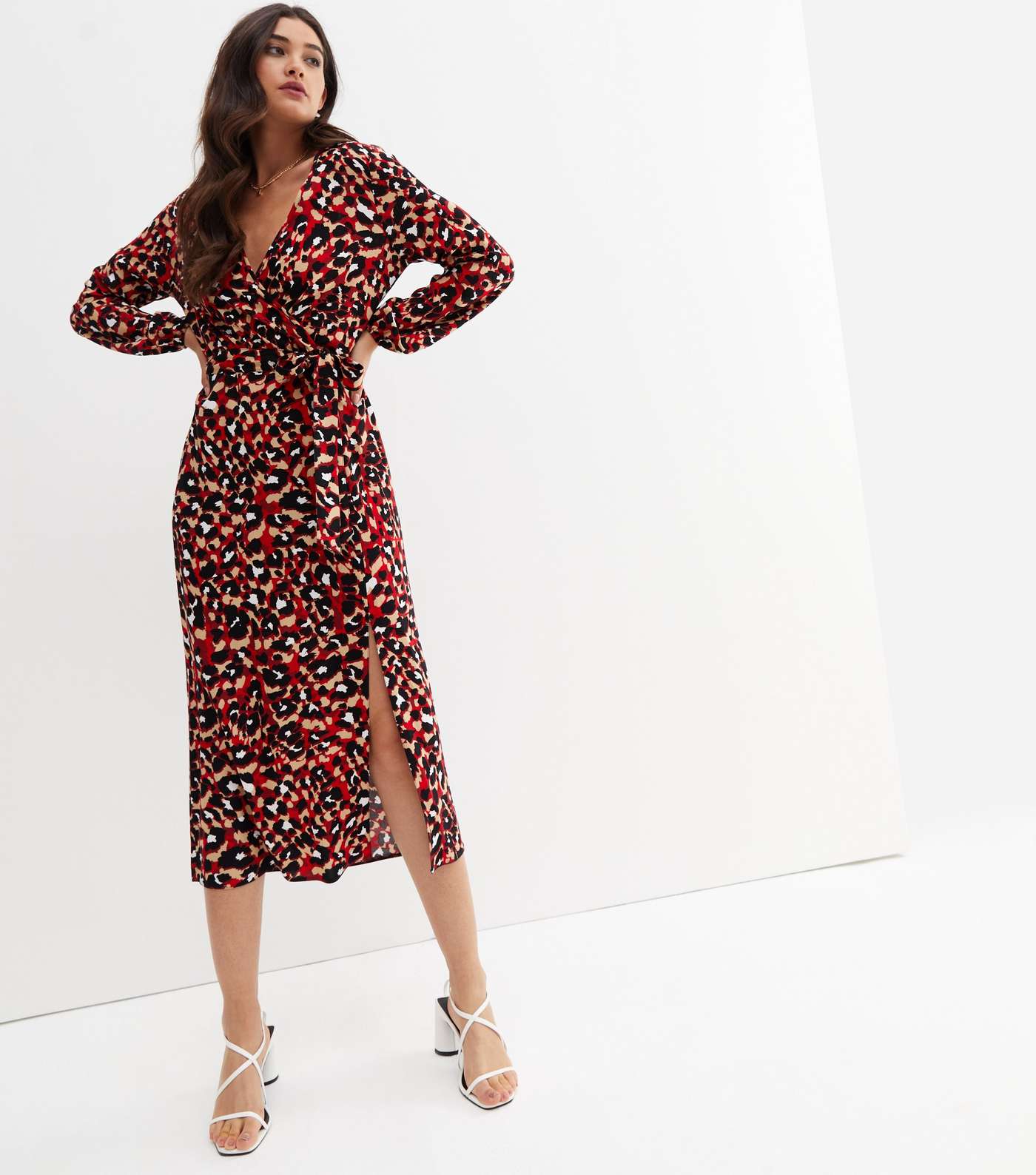 Red Leopard Print Split Hem Midi Wrap Dress Image 2