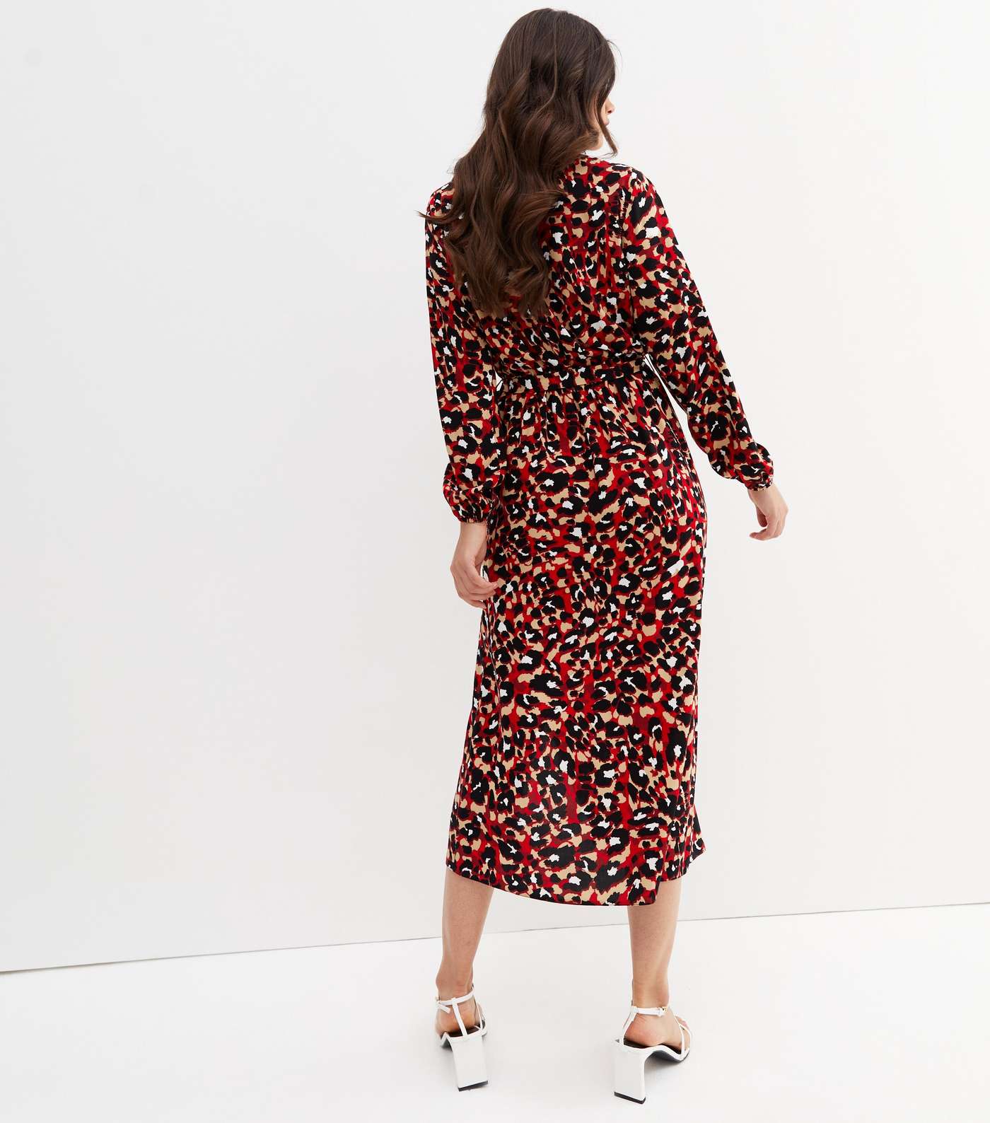 Red Leopard Print Split Hem Midi Wrap Dress Image 4