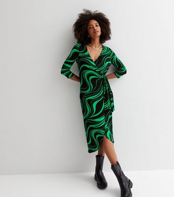 Green Swirl V Neck Long Sleeve Midi 