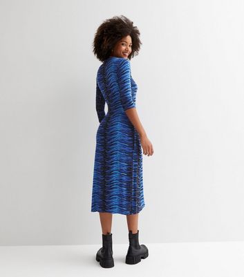 Blue Zebra Print V Neck 3/4 Sleeve Midi 