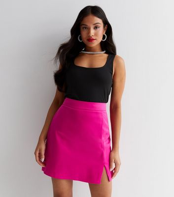 Petite Bright Pink Satin Split Hem Mini Skirt