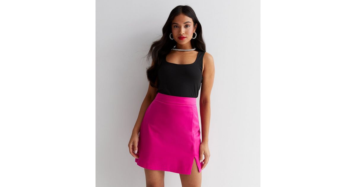 Petite Bright Pink Satin Split Hem Mini Skirt | New Look