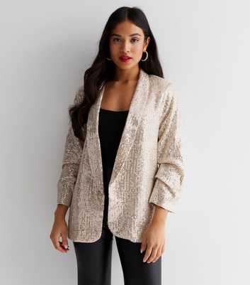 Petite Gold Sequin Detail Ruched Sleeve Blazer