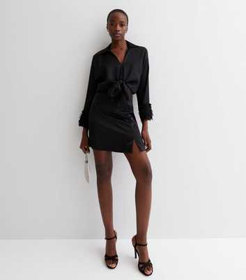 Tall Black Satin Split Hem Mini Skirt
