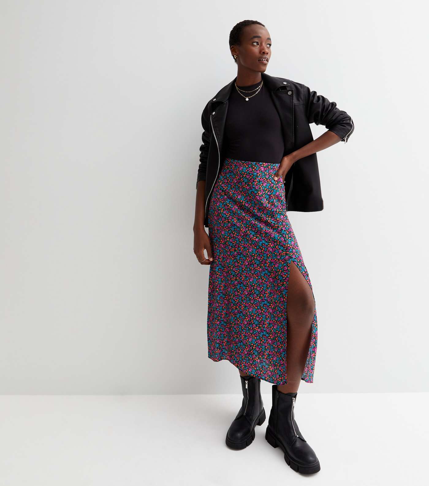 Tall Black Floral Split Hem Midi Skirt