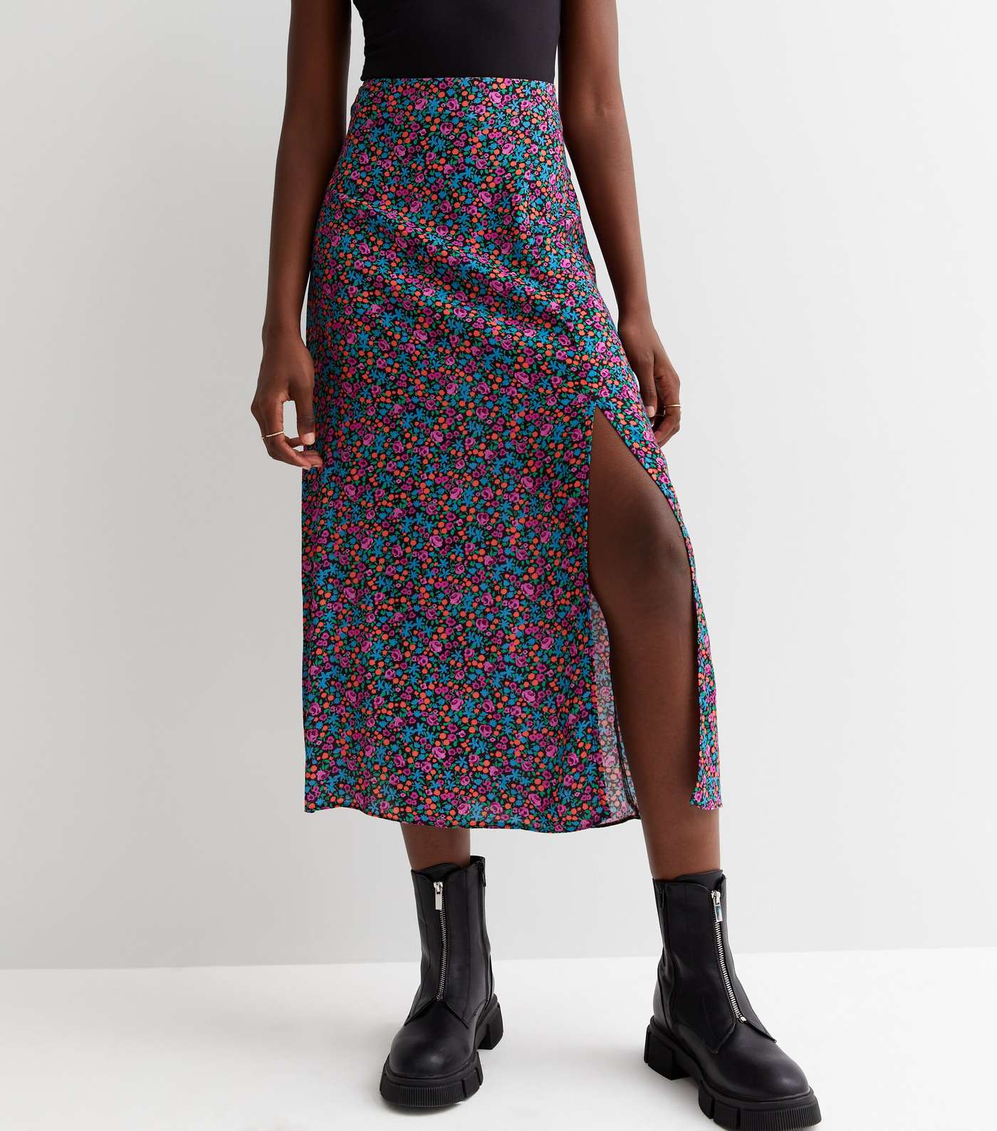 Tall Black Floral Split Hem Midi Skirt Image 3