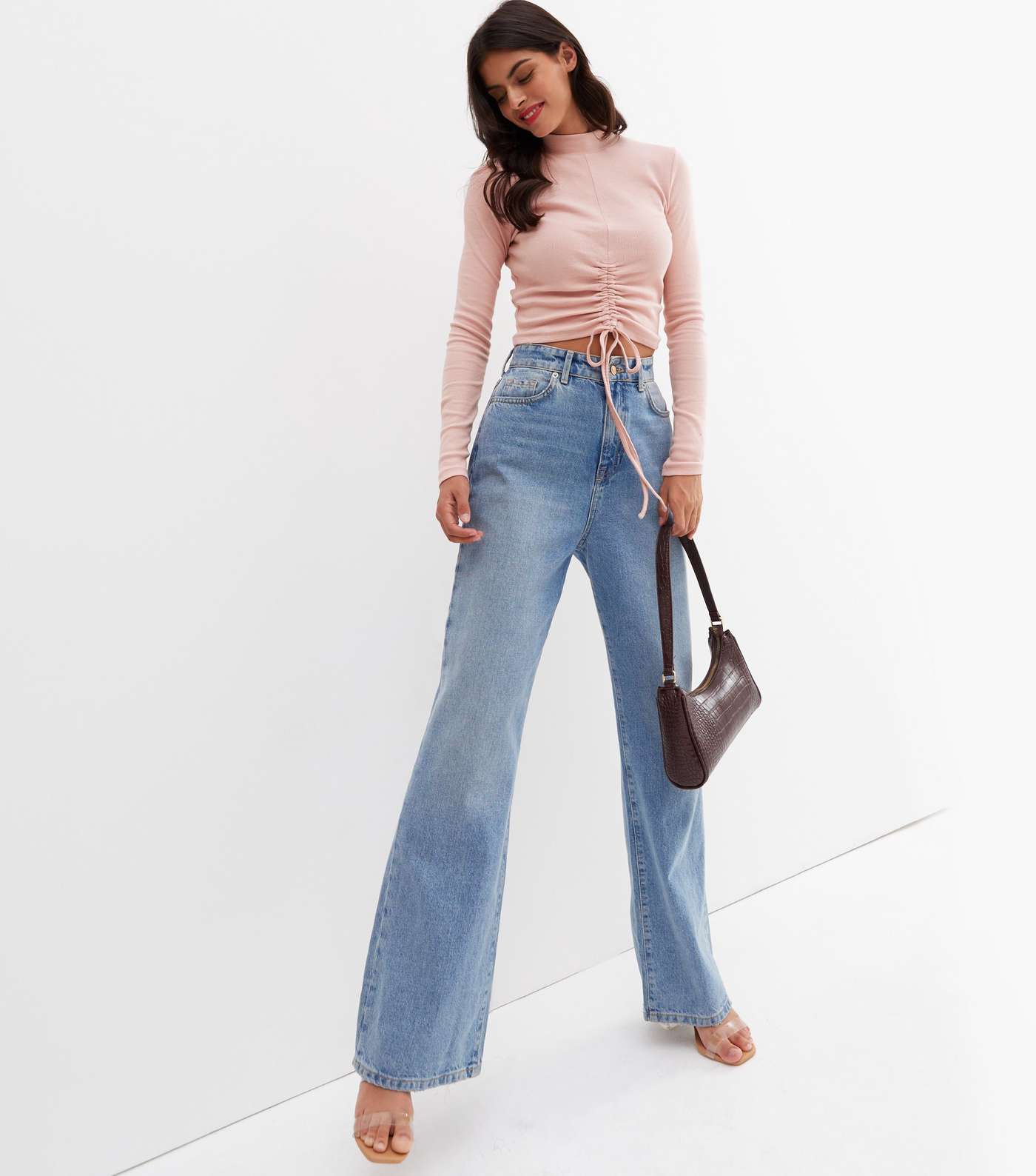 Pale Pink Ribbed Ruched Long Sleeve Crop Top Image 3