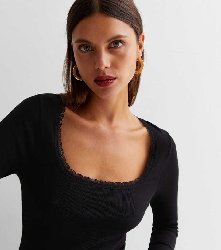 foran indre forbrydelse Black Ribbed Jersey Lace Trim Long Sleeve Top | New Look