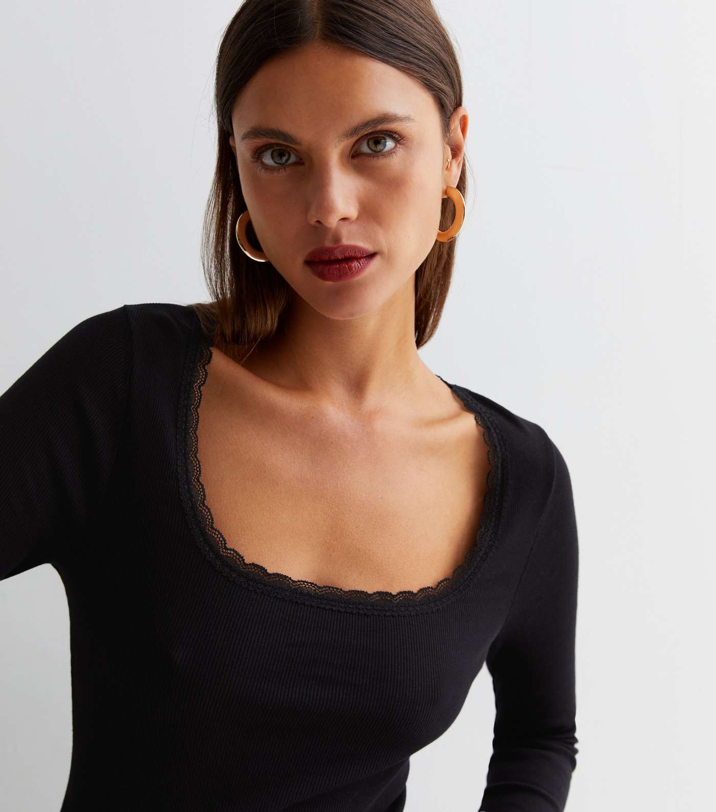 Black Ribbed Jersey Lace Trim Long Sleeve Top