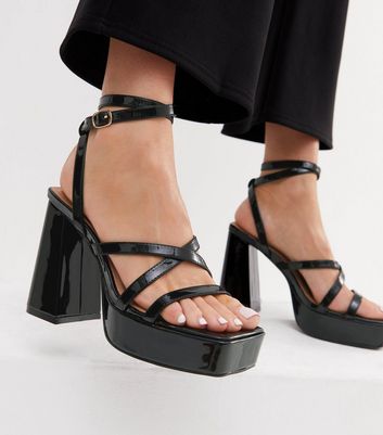 Black Patent Strappy Platform Block Heel Sandals