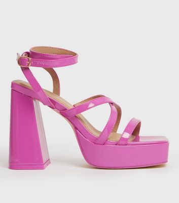 Bright Pink Patent Strappy Platform Block Heel Sandals New Look