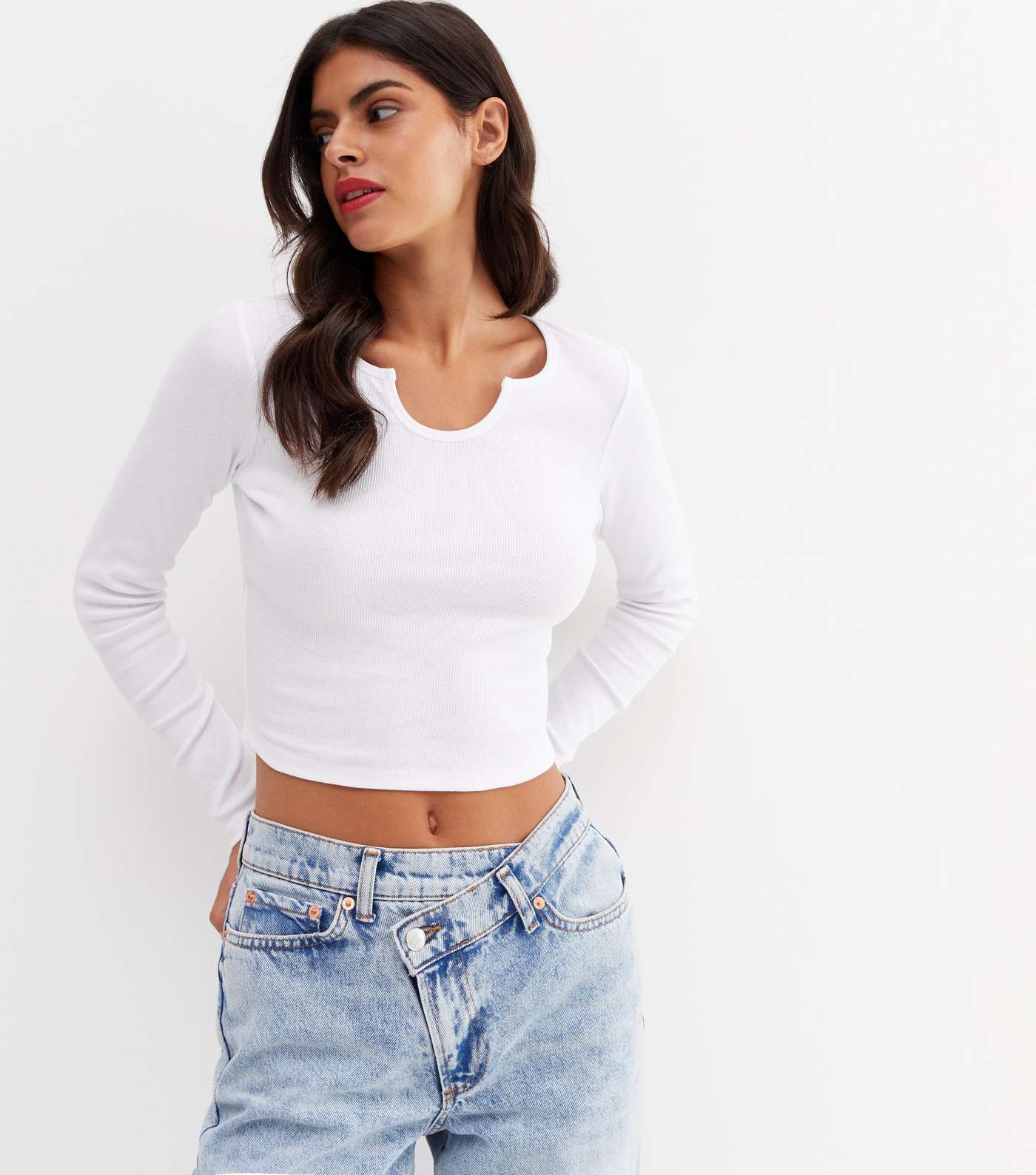 White Ribbed Long Sleeve Notch Neck Crop Top Image 2