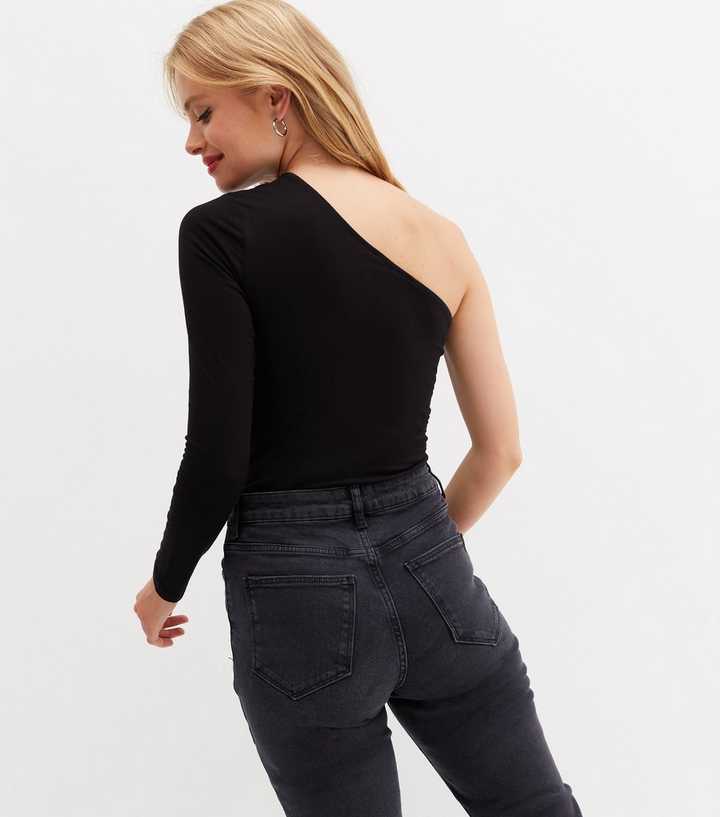 Black One Shoulder Short Sleeve Top Bodysuit – KesleyBoutique