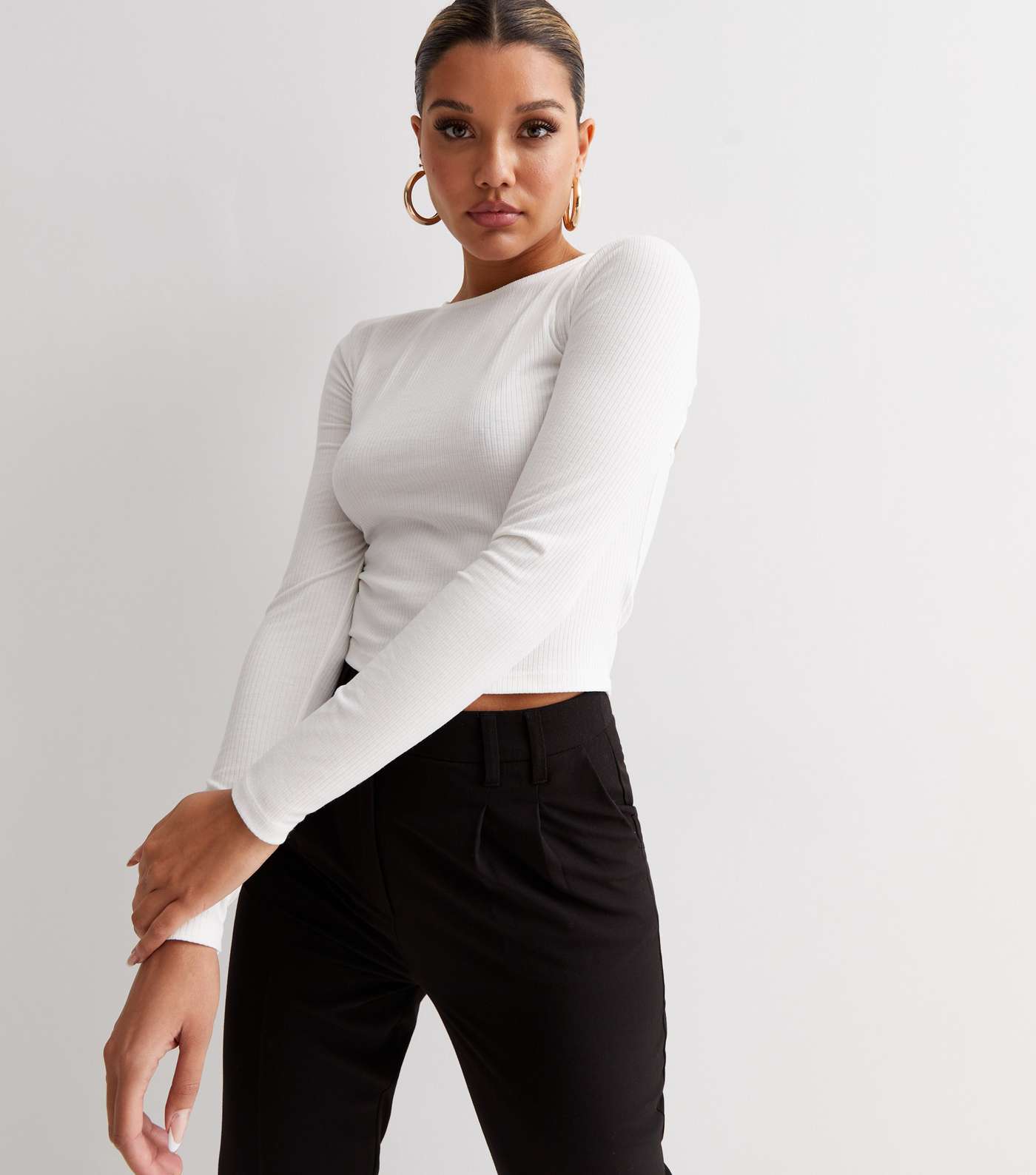 Cream Ribbed Twist Open Back Long Sleeve Top Image 4