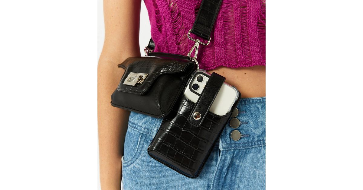 Skinnydip Black Patent Faux Croc Cross Body Phone Bag New Look