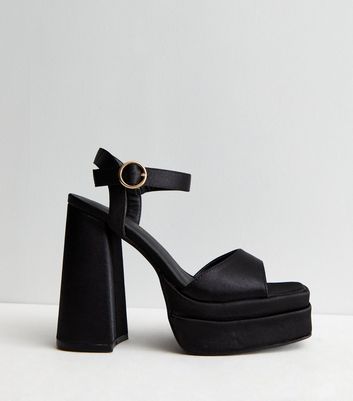 Black Satin Block Heel Platform Sandals New Look