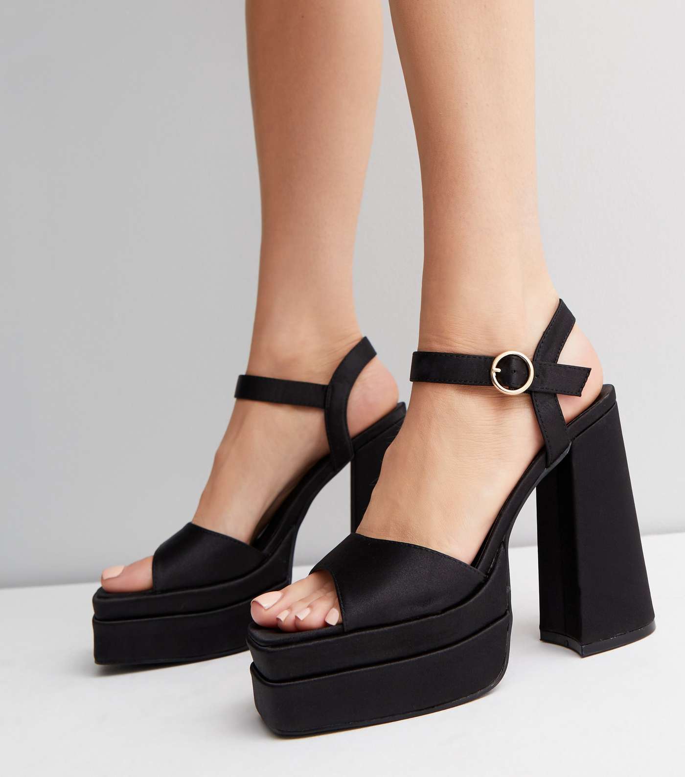 Black Satin Block Heel Platform Sandals Image 2