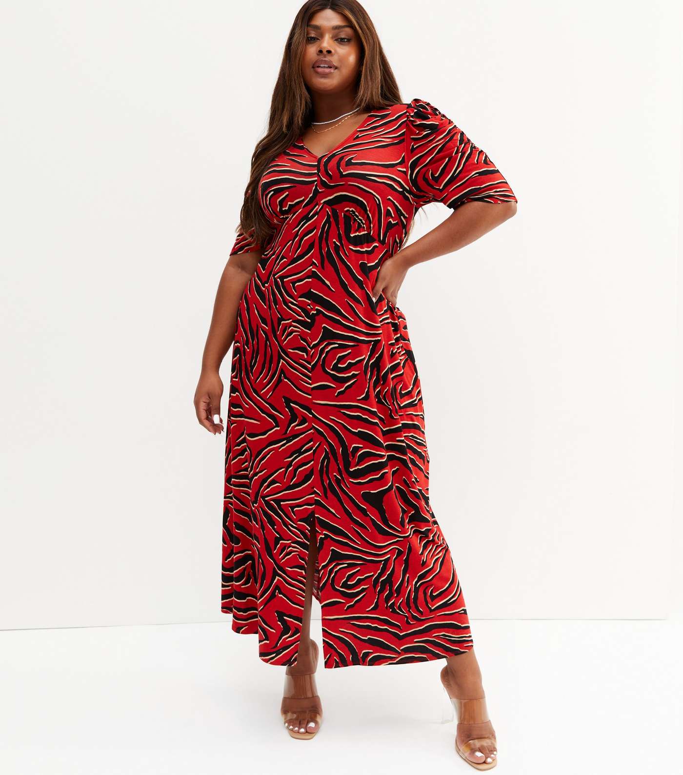 Curves Red Zebra Print Ruched Puff Sleeve Midi Dress Image 3