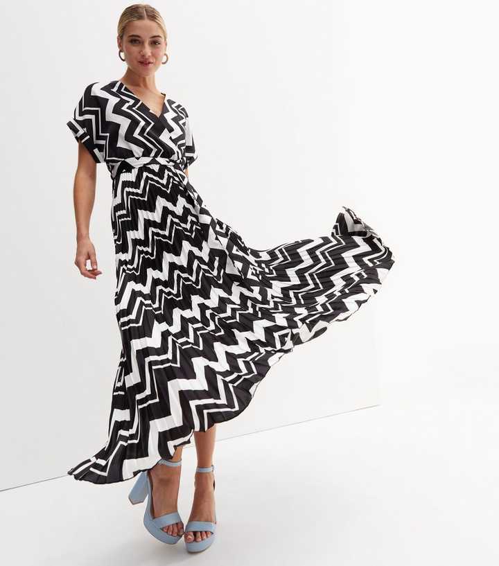 Black Chevron Satin Pleated Midi Wrap Dress | New Look