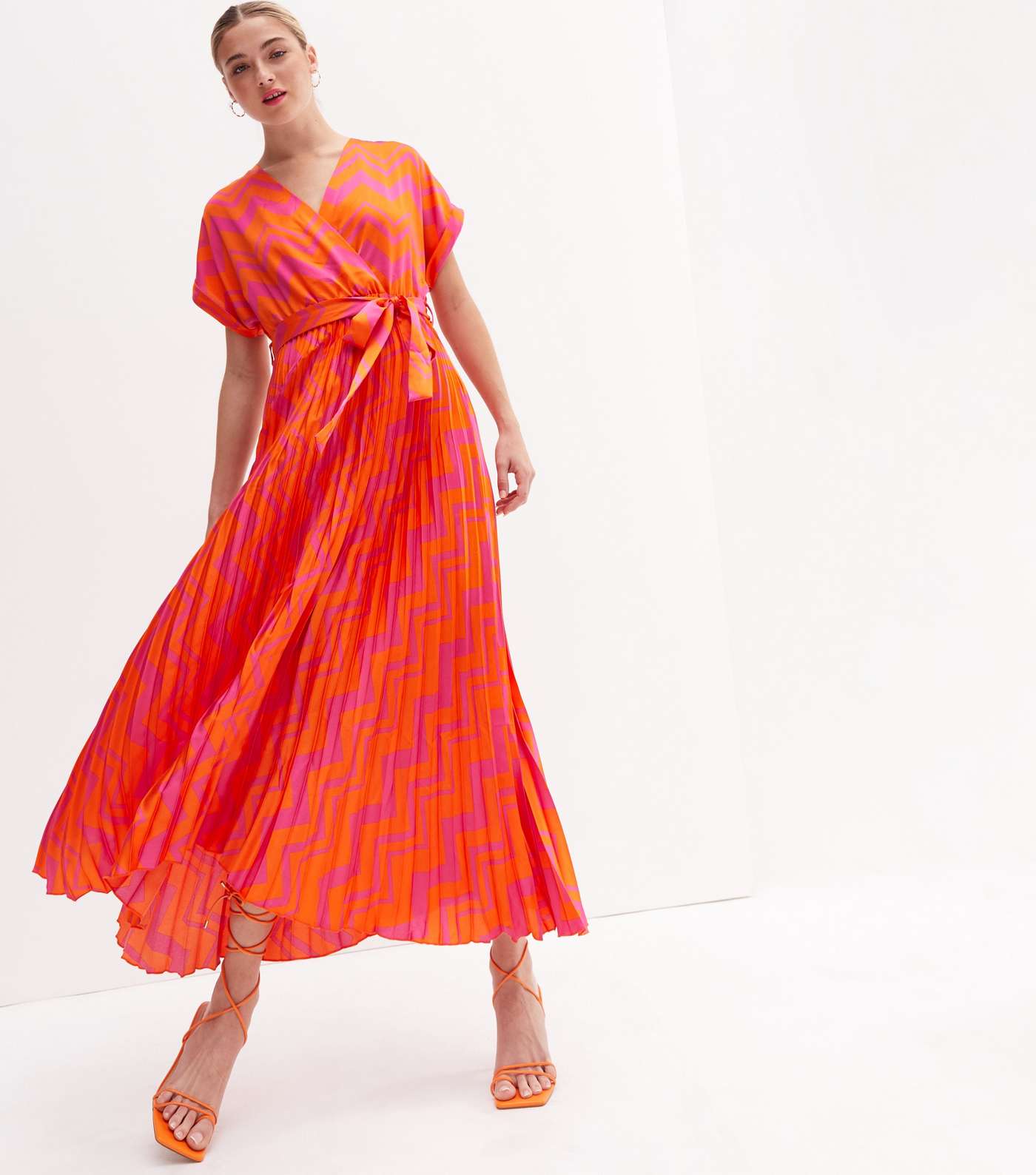 Orange Chevron Satin Pleated Midi Wrap Dress