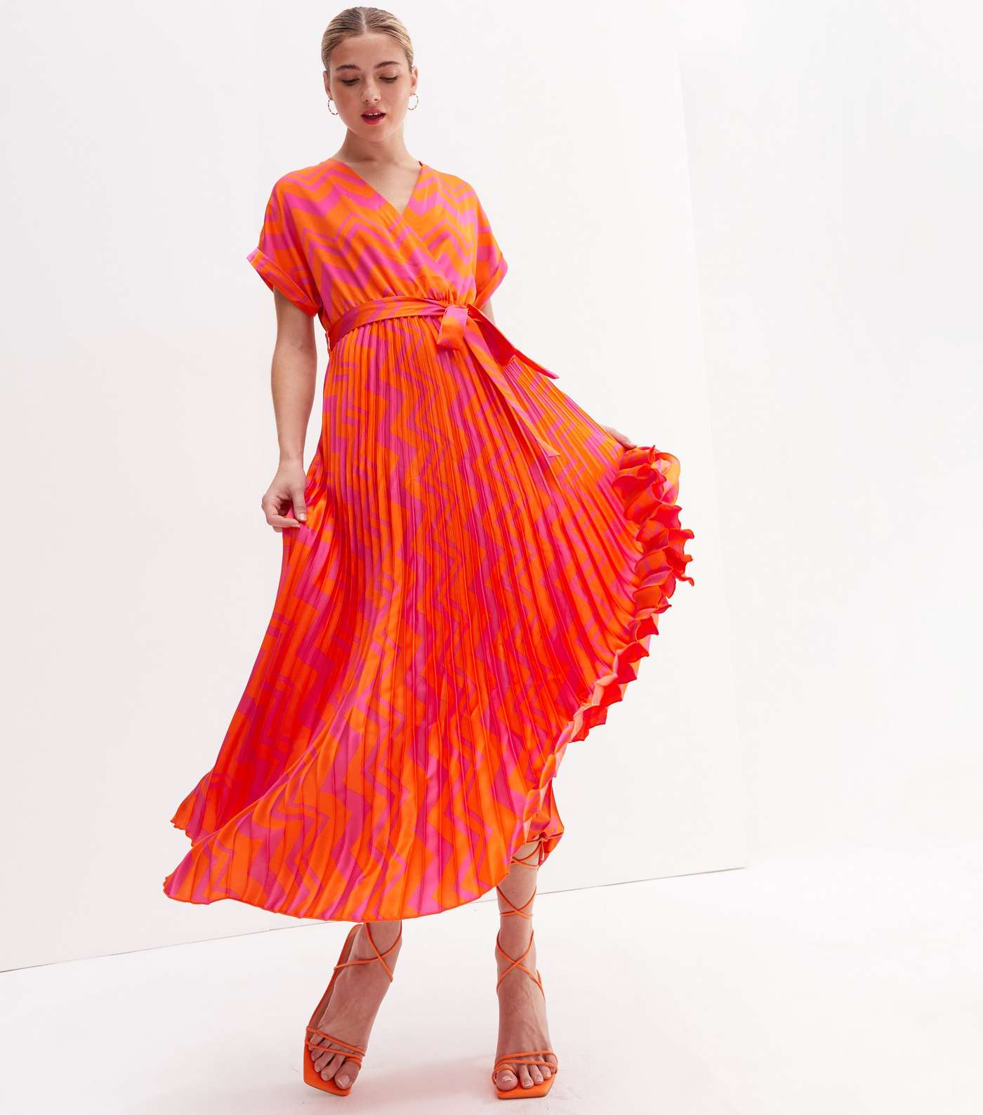 Orange Chevron Satin Pleated Midi Wrap Dress Image 3