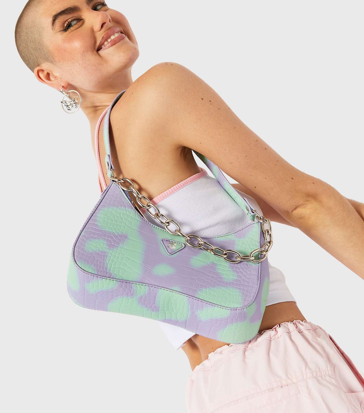 Skinnydip Lilac Abstract Spot Faux Croc Chain Shoulder Bag