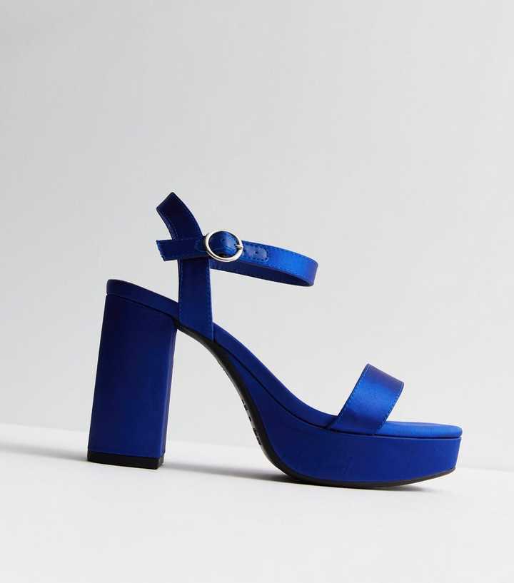 Wide Fit Blue Satin Block Heel Platform Sandals | New Look