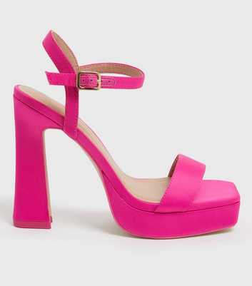 Bright Pink Satin Block Heel Platform Sandals