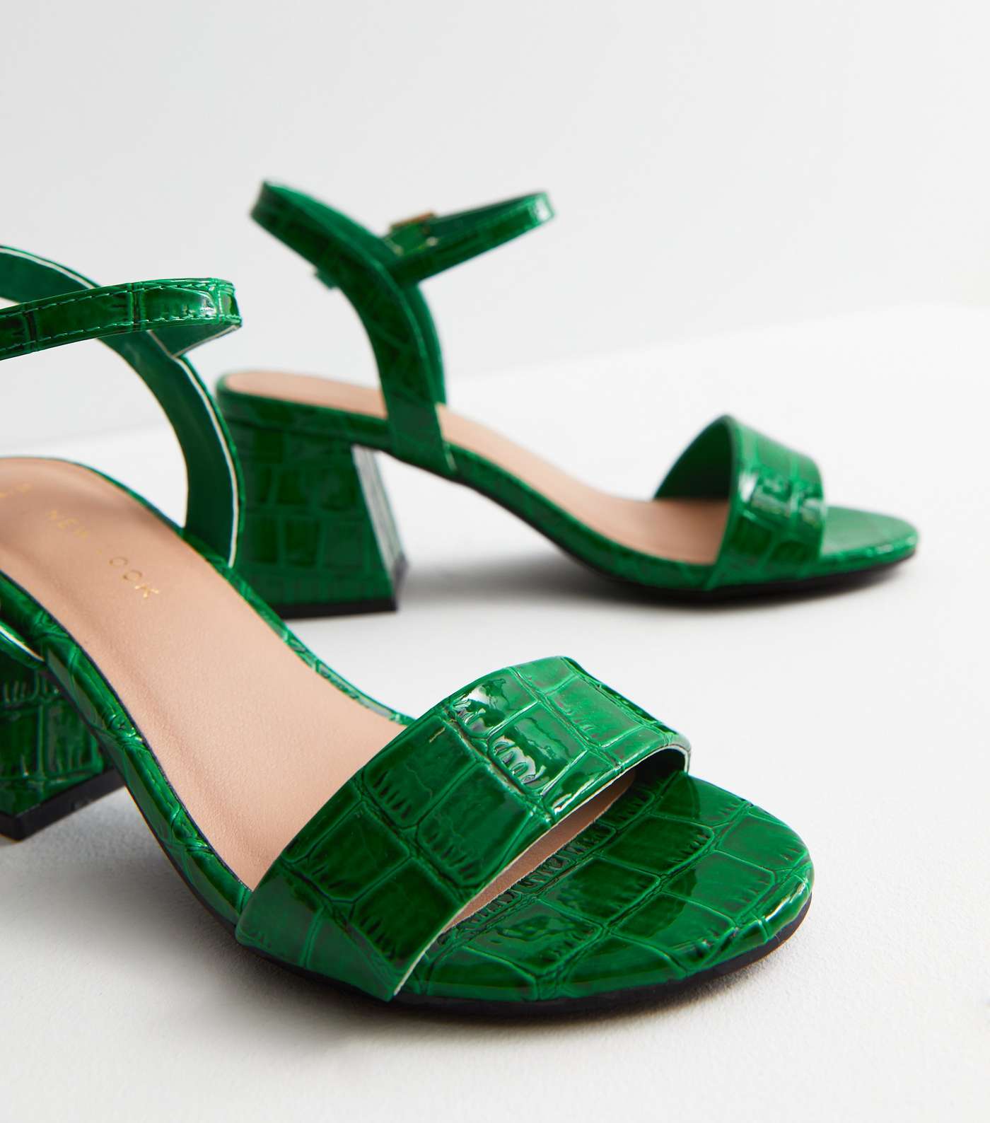 Green Croc Block Heel Sandals