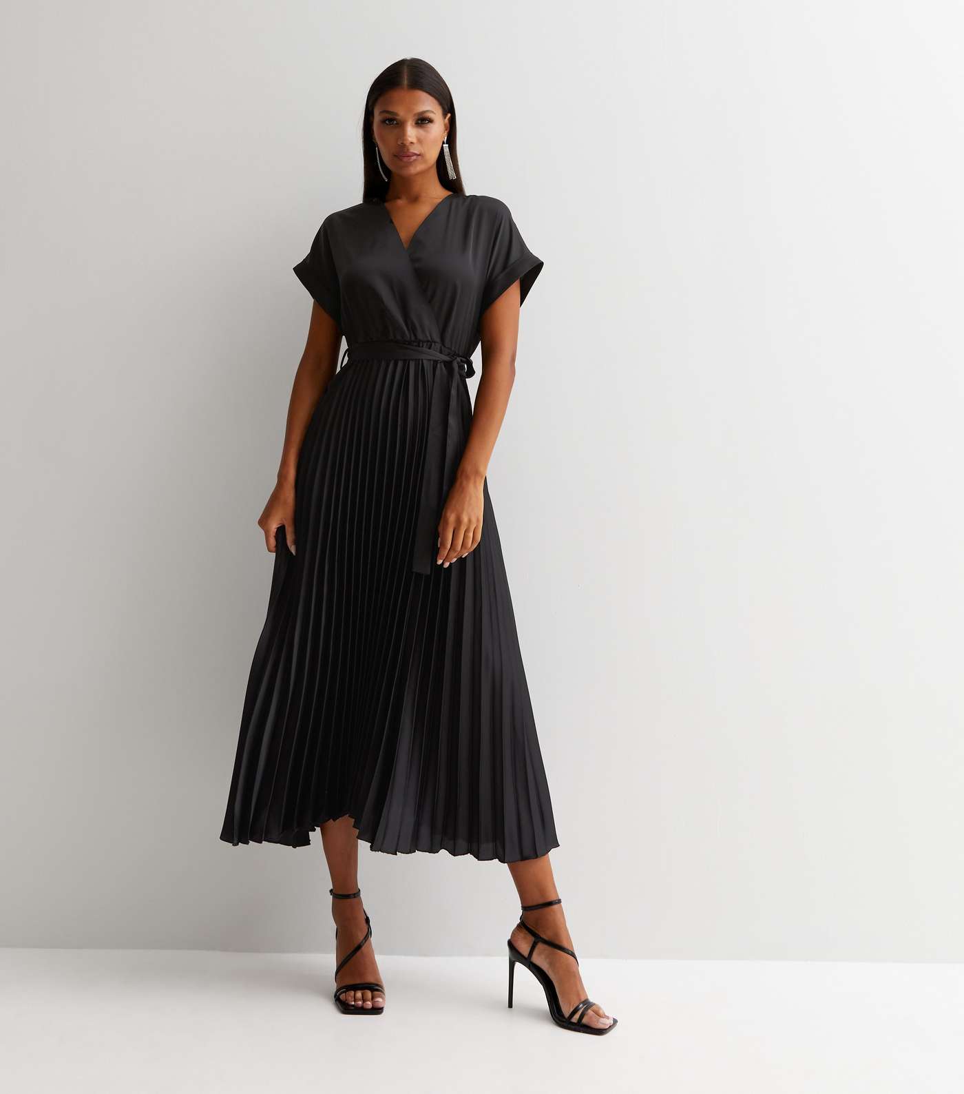 Black Satin Pleated Midi Wrap Dress Image 3