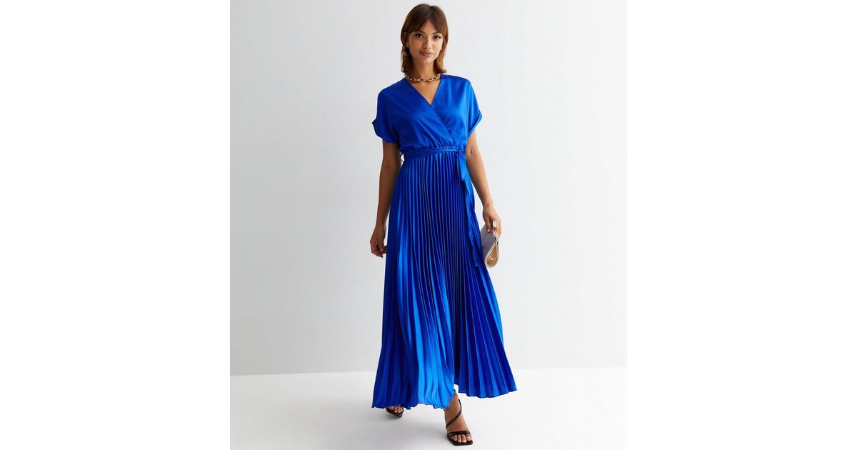 Blue Satin Pleated Midi Wrap Dress New Look
