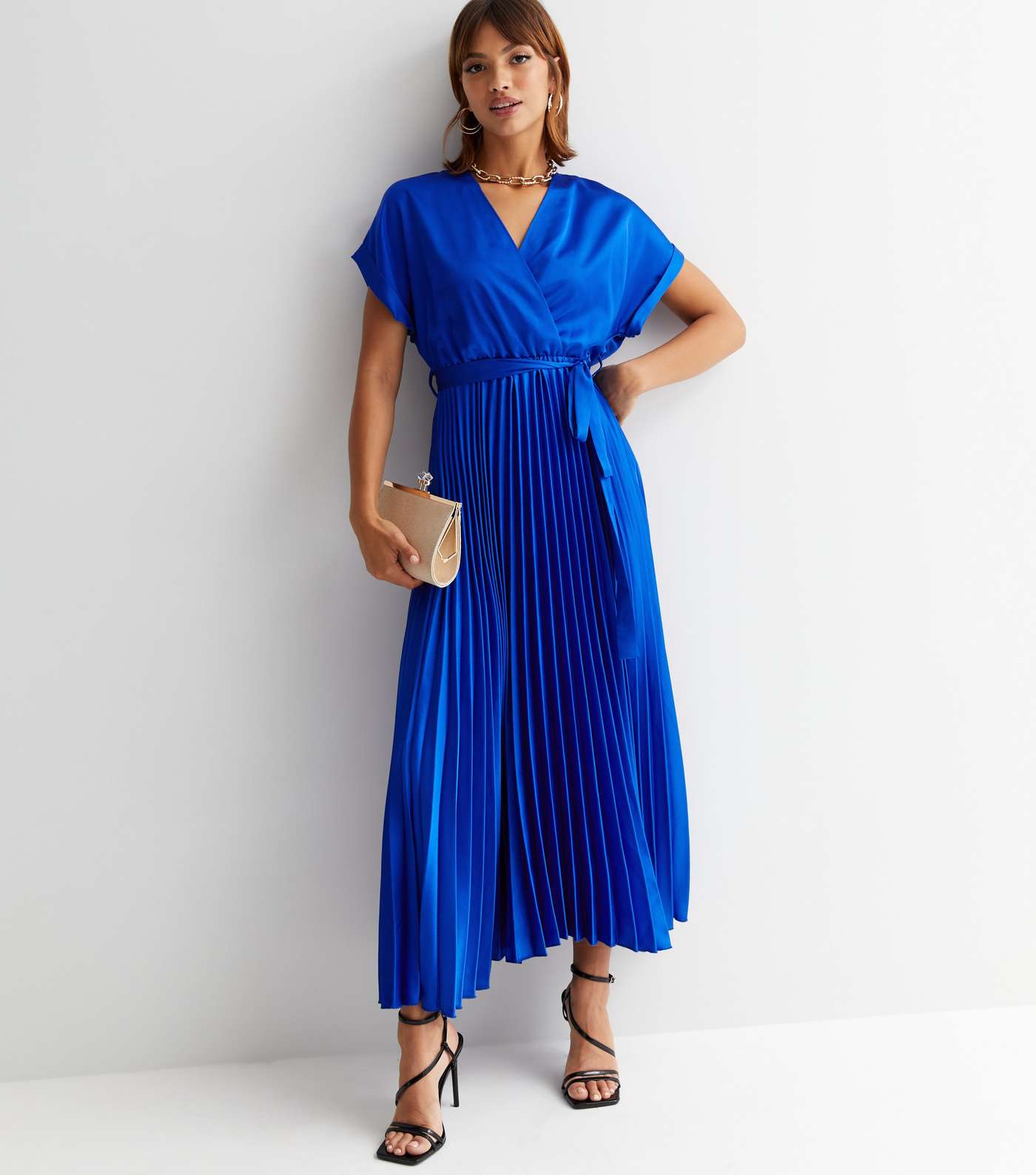 Blue Satin Pleated Midi Wrap Dress Image 2