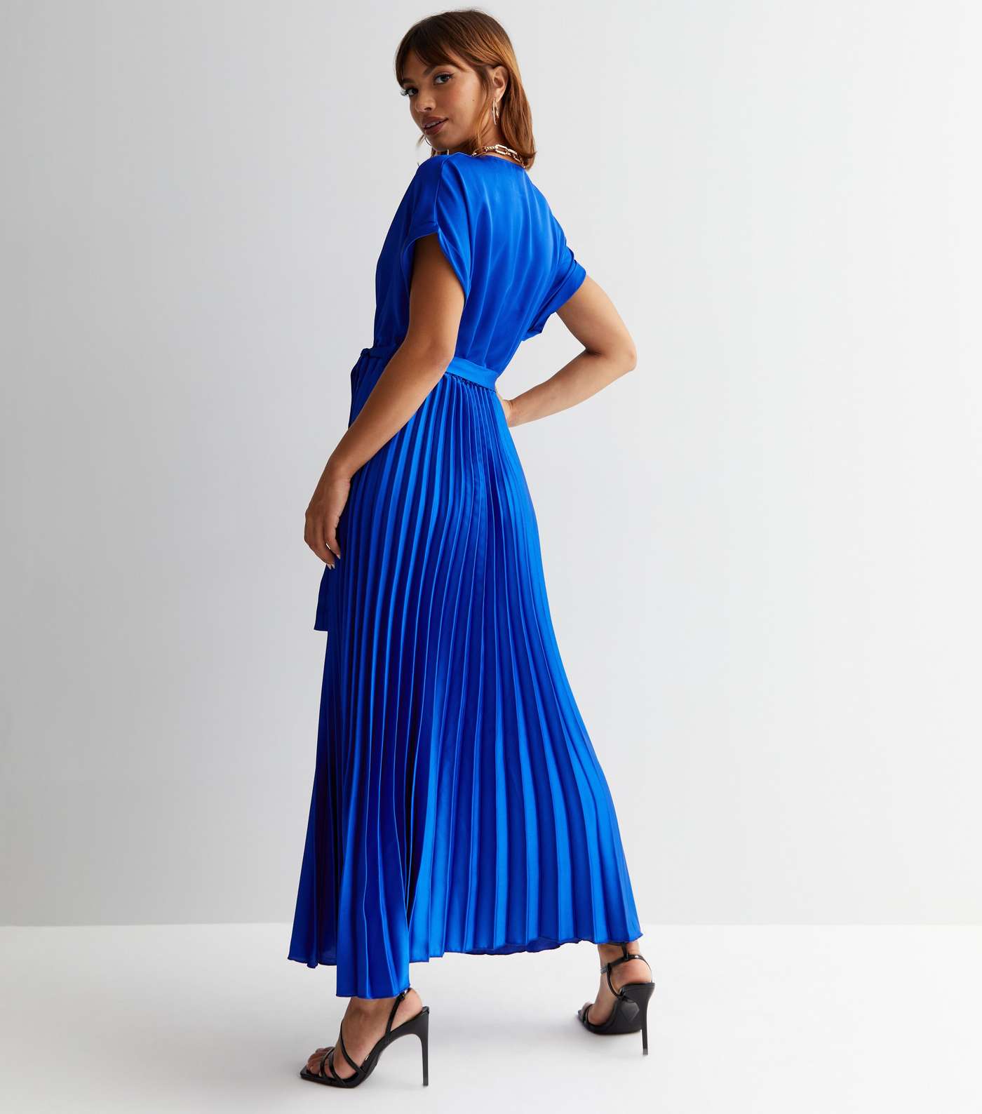 Blue Satin Pleated Midi Wrap Dress Image 4