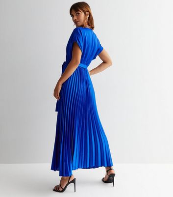 Blue Satin Pleated Midi Wrap Dress | New Look