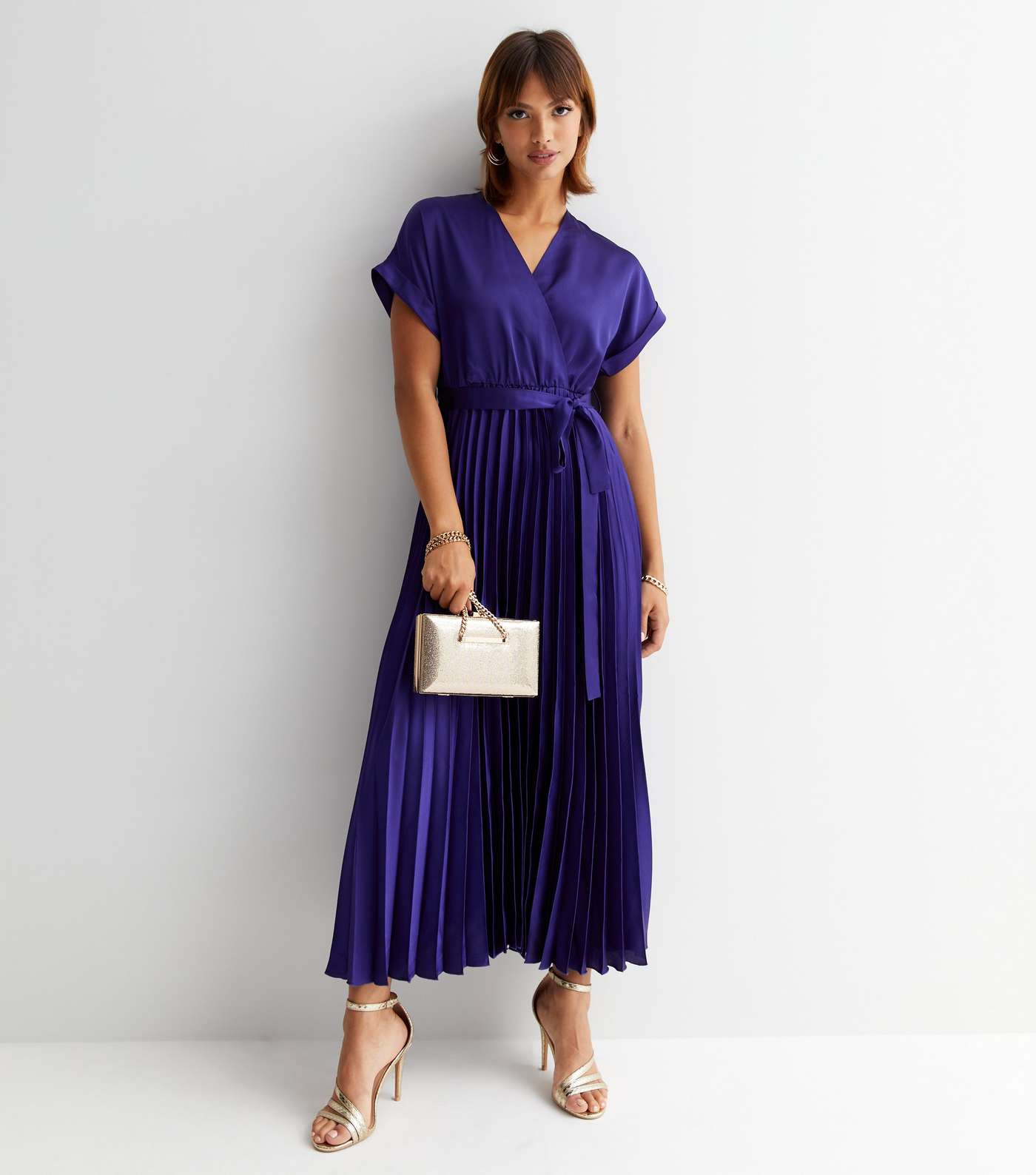 Purple Satin Pleated Midi Wrap Dress