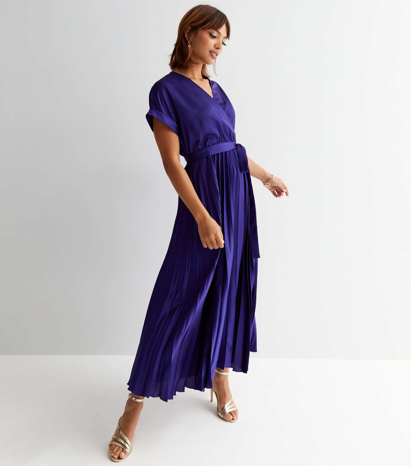 Purple Satin Pleated Midi Wrap Dress Image 3