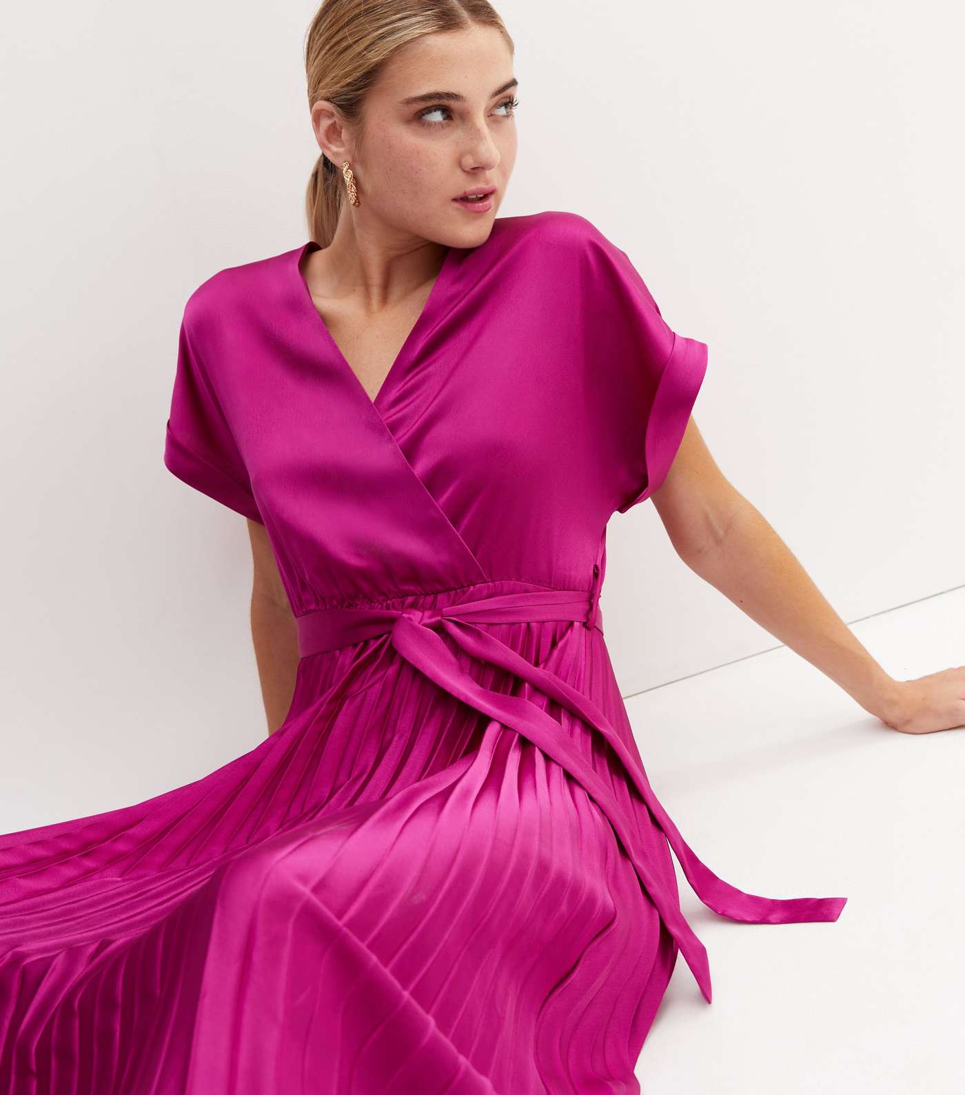Deep Pink Satin Pleated Midi Wrap Dress Image 2