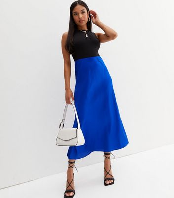 Petite Bright Blue Satin Bias Cut Midi Skirt