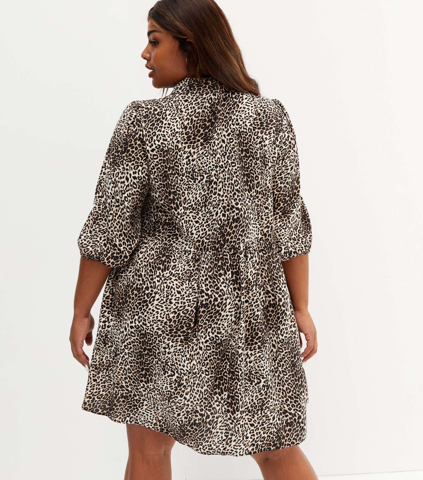 Curves Brown Leopard Print Button Front Mini Shirt Dress Image 4
