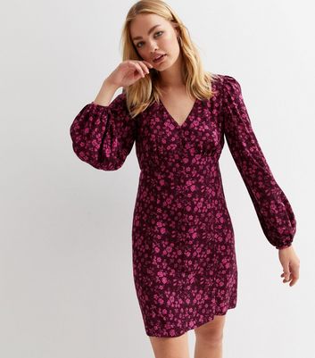 Pink Floral Button Front Long Puff Sleeve Mini Dress