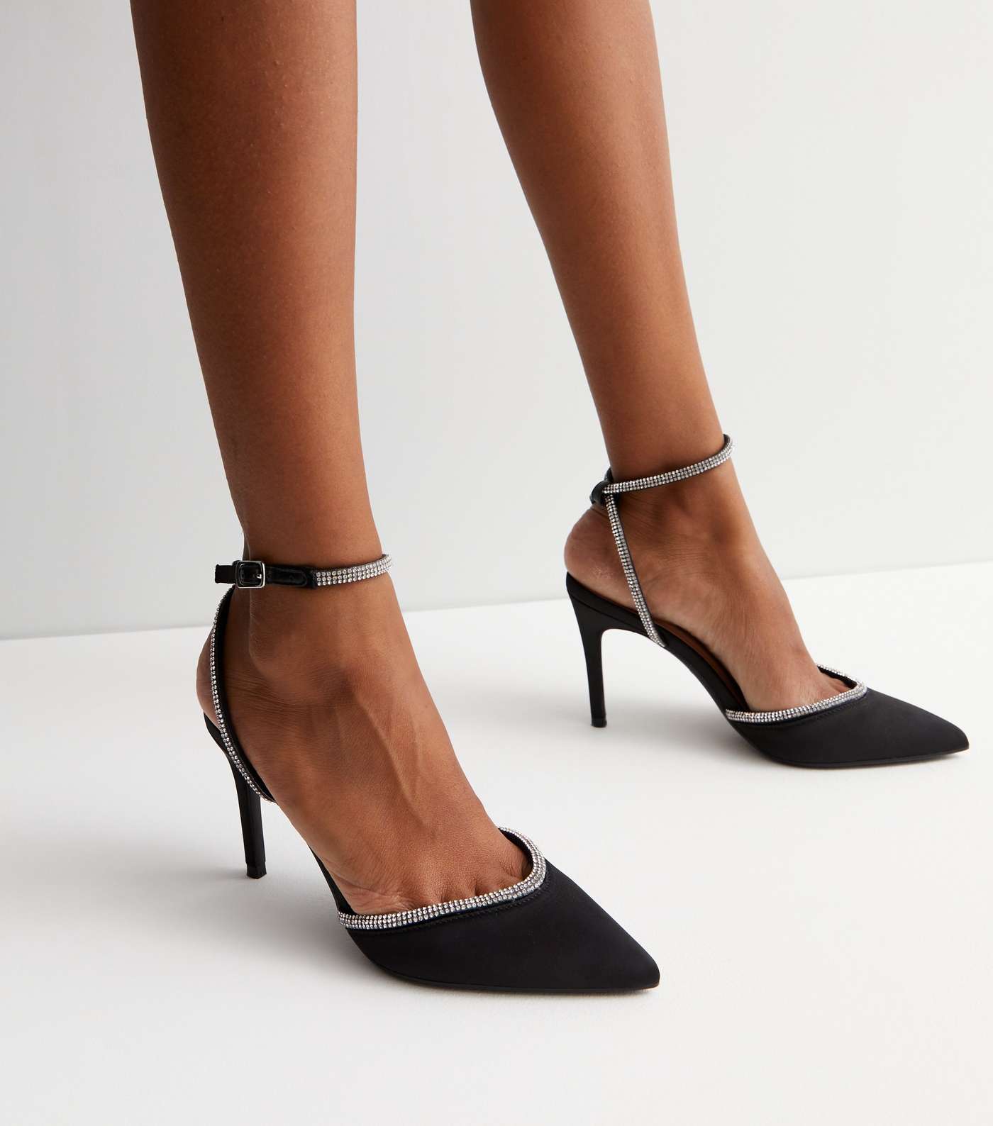 Black Satin Diamanté Trim 2 Part Stiletto Heel Sandals Image 2