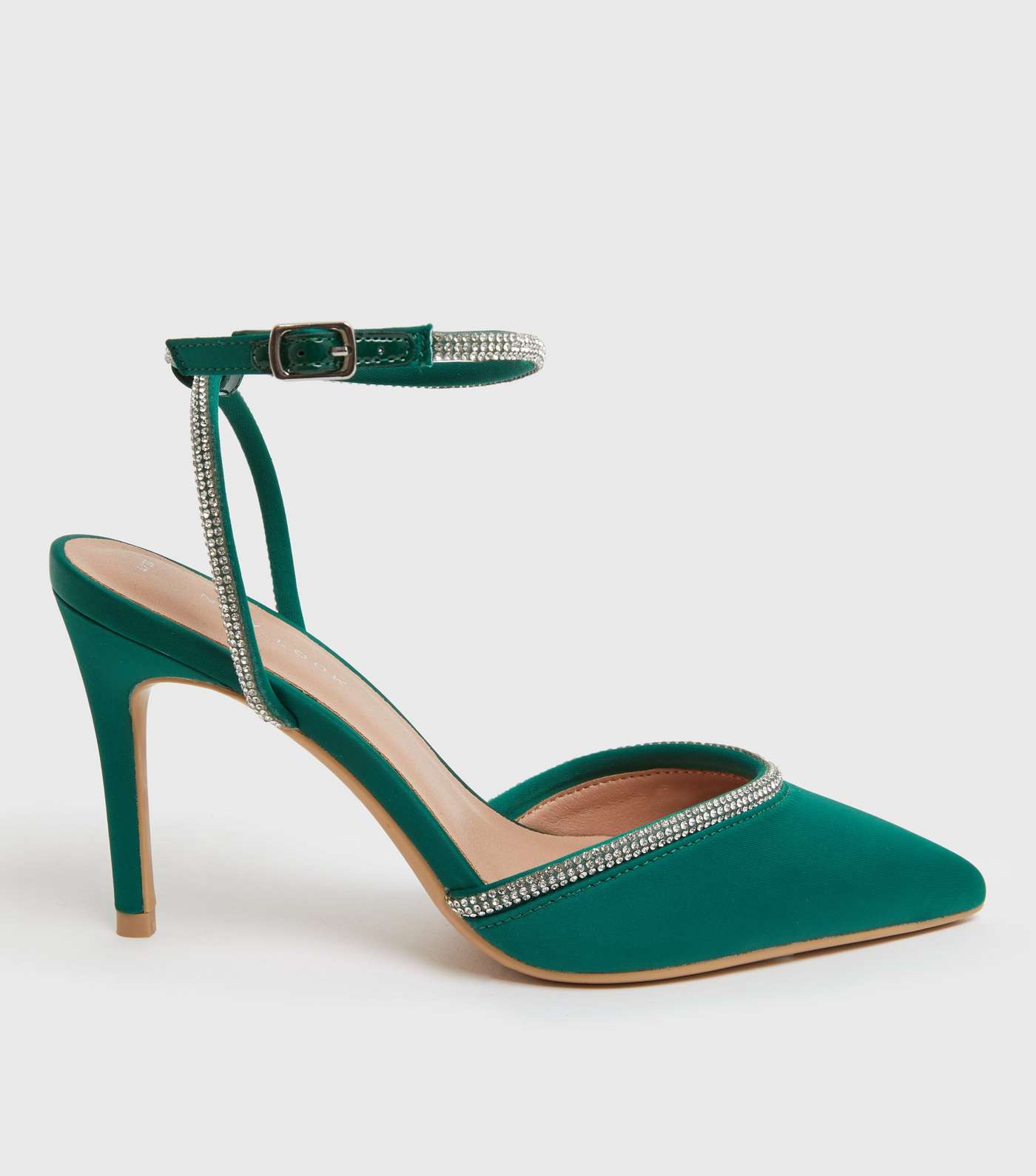 Dark Green Satin Diamanté Trim 2 Part Stiletto Heel Sandals