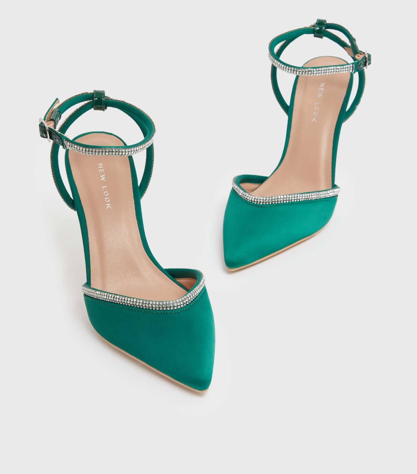 Dark Green Satin Diamanté Trim 2 Part Stiletto Heel Sandals Image 3
