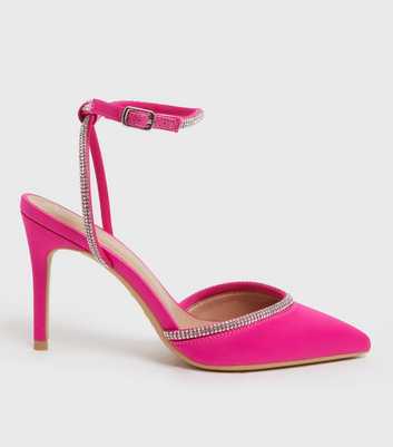 Bright Pink Satin Diamanté Trim 2 Part Stiletto Heel Sandals