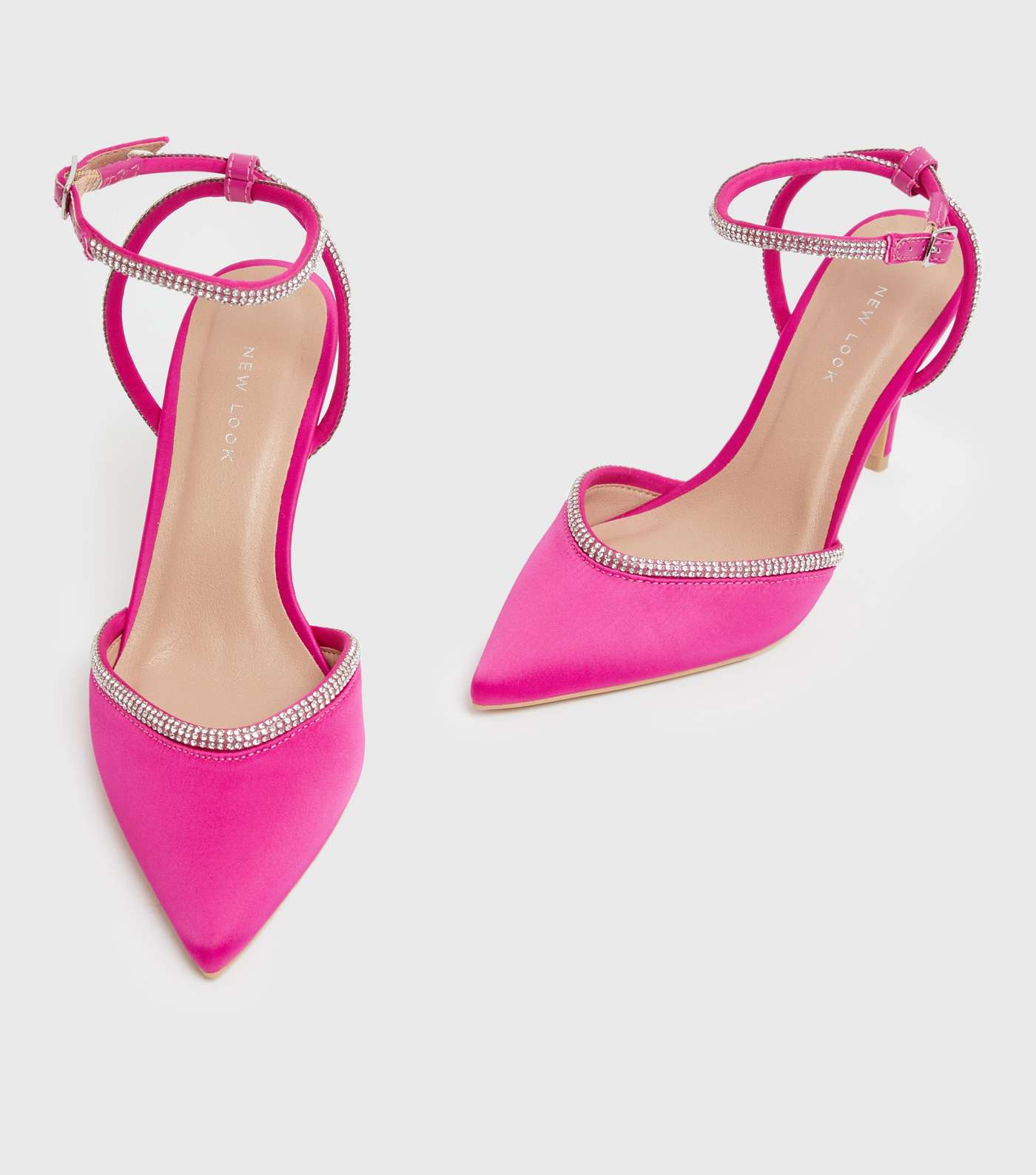 Bright Pink Satin Diamanté Trim 2 Part Stiletto Heel Sandals Image 3